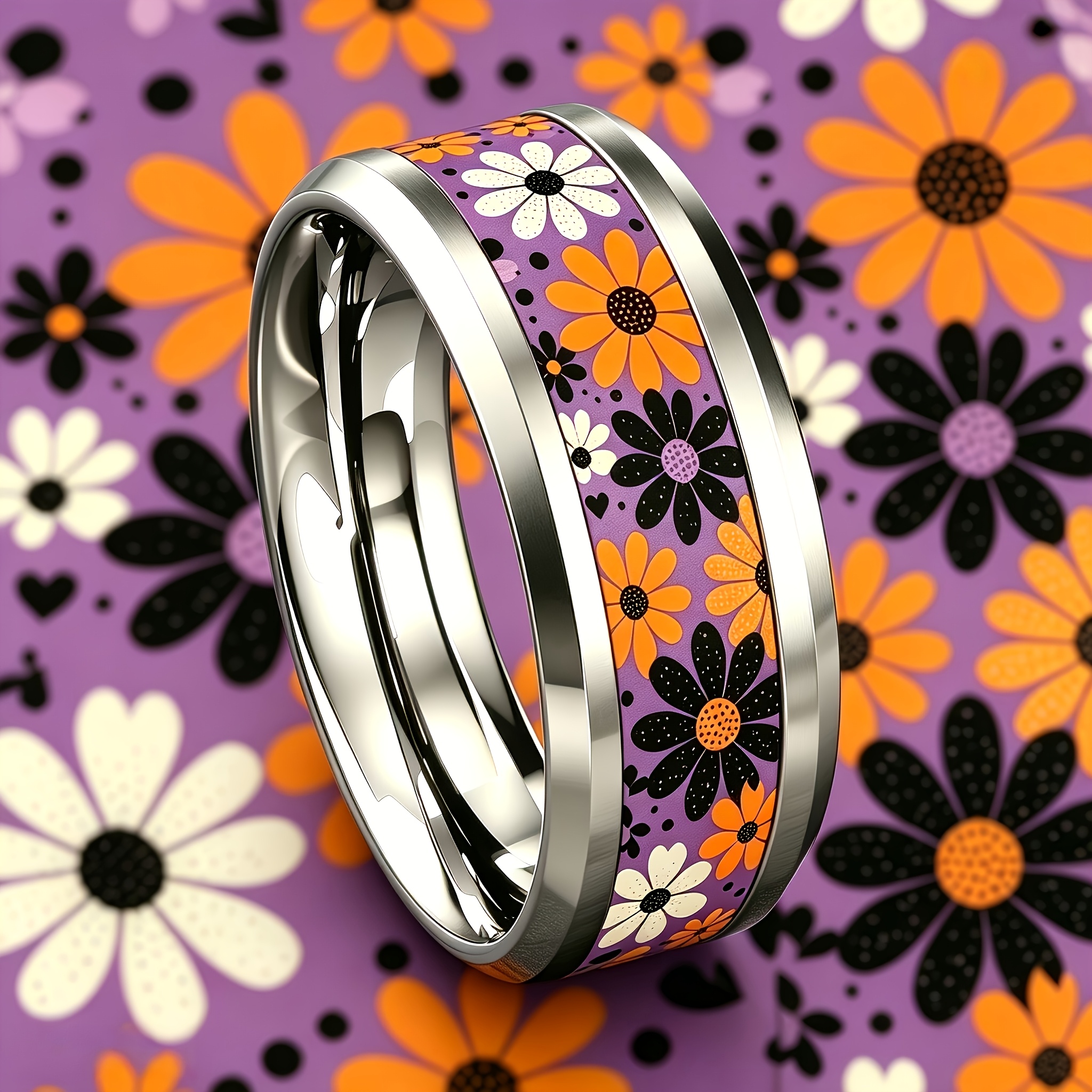 Purple Base Contrast Daisy Print Stainless Steel Ring